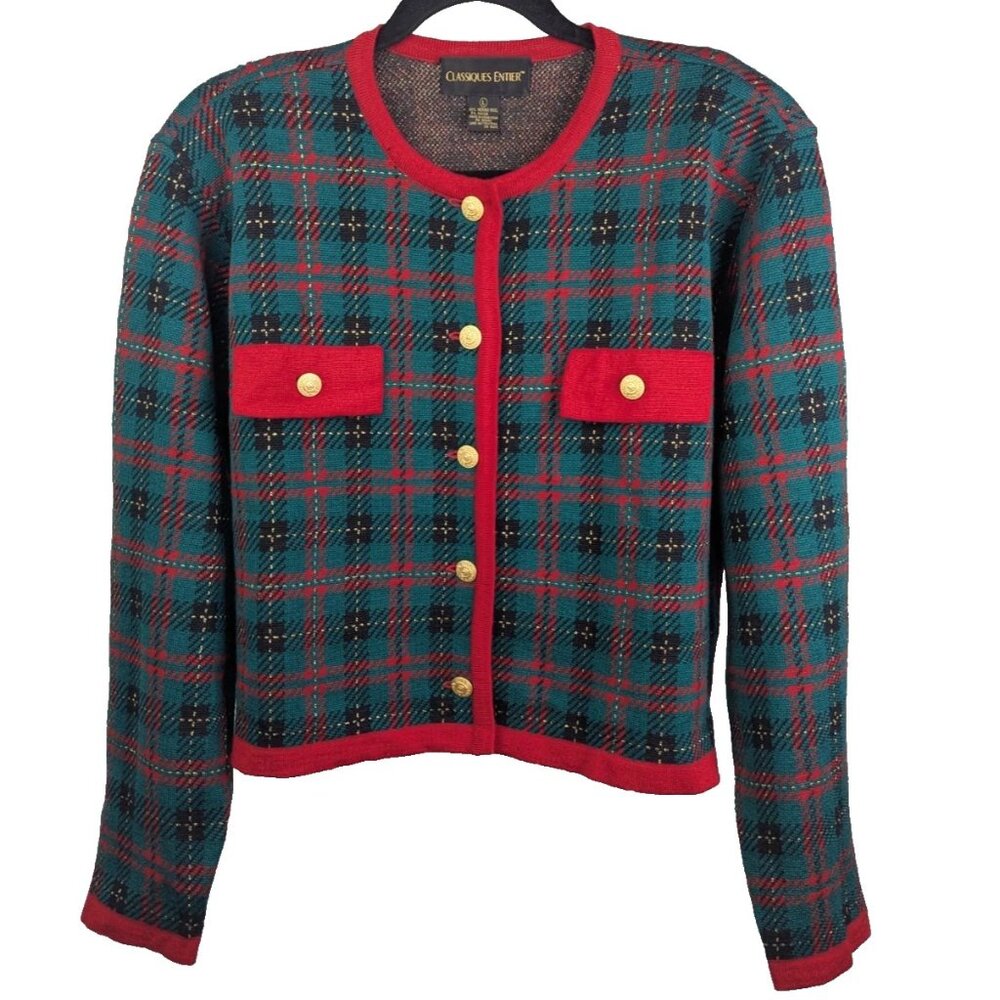 Vtg Classiques Entier Merino Wool Blend Cardigan Green Red Black Gold Button Lrg
